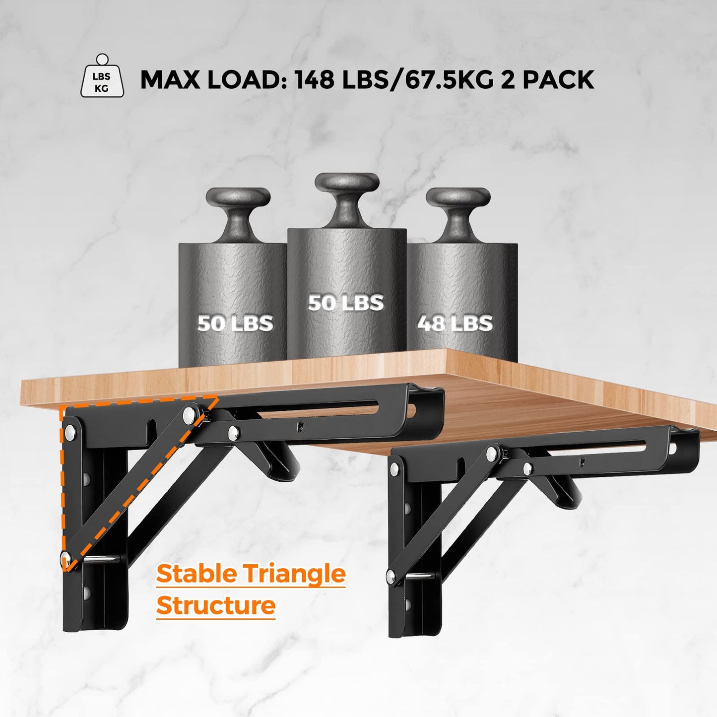 Ravinte 10 Inch Folding Shelf Brackets - Matte Black Collapsible Heavy Duty Brackets for Table Bench - Space Saving, 2 Pack ﻿