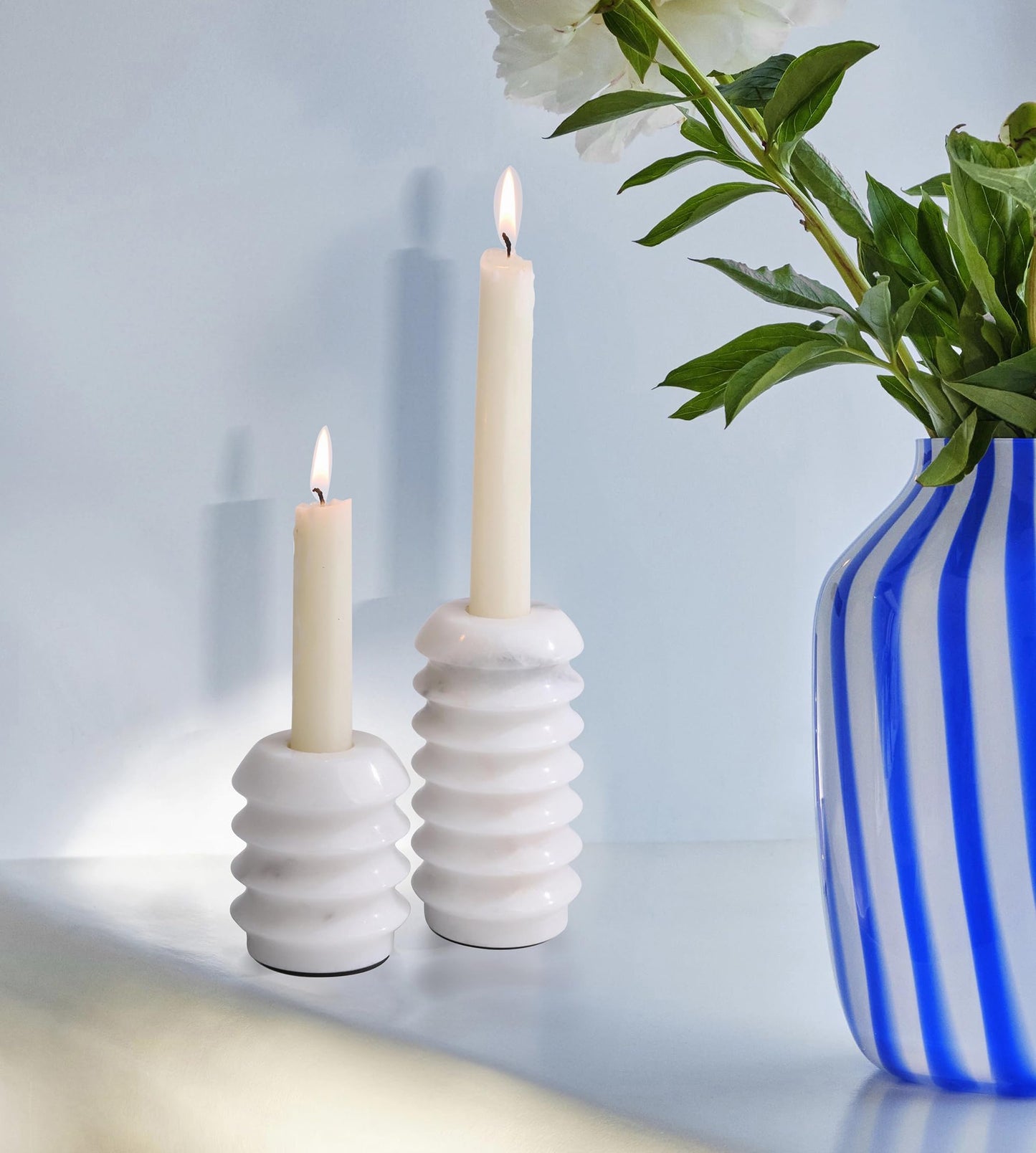 HofferRuffer Marble Candlestick Holders, Set of 2 Natural Stone Candle Holder Decorative Candle Stands for Wedding, Dinning, Party, Table Centerpieces, Fits 3/4'' Thick Candles (MarbleWhite)