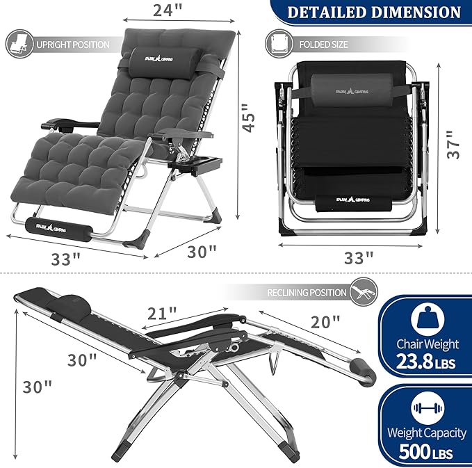 UDPATIO Oversized Zero Gravity Chair Set of 2, 29In XXL Patio Reclining Chair with Cushion, Outdoor Folding Recliner with Pillows|Cup Holder|Foot Rest|Padded Headrest, Burgundy, Support 500LB