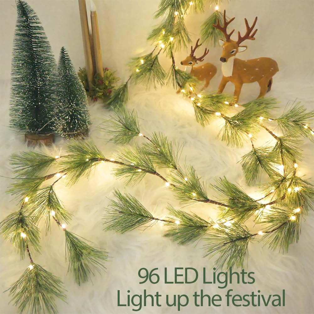 2025 New 6.56FT Christmas Pine Garland Lights 96 Warm White LED Lights 8 Flash Modes Battery Operated with Timer Lighted Smoky Pine Garland for Mantle Fireplace Indoor Home Christmas Decoration