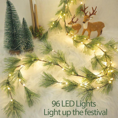 2025 New 6.56FT Christmas Pine Garland Lights 96 Warm White LED Lights 8 Flash Modes Battery Operated with Timer Lighted Smoky Pine Garland for Mantle Fireplace Indoor Home Christmas Decoration
