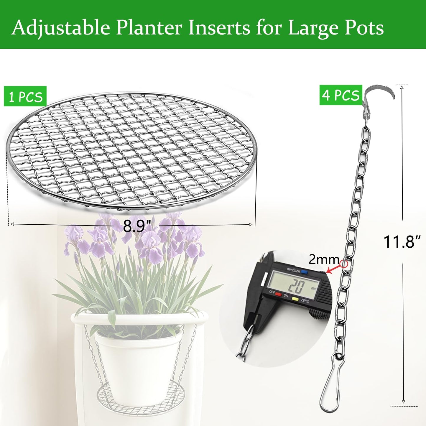 CHENGLAI Stainless Steel Adjustable Height Planter Insert for Large Pots, 4 Hooks with Chains Plant Riser for Inside Pots, Fits Flower Pot Opening 12-18" Wide, Indoor Outdoor Use