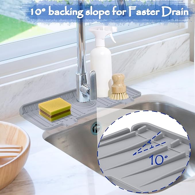 Kitchen Sink Splash Guard, Silicone Faucet Guard & Draining Mat, 10° Large