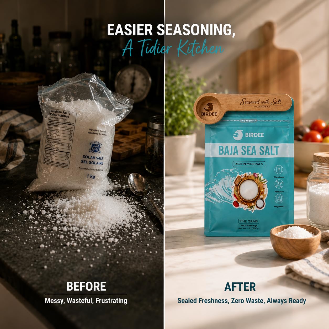 Birdee Salt Gift Set, Solar-Dried Mineral Rich Fine Grain Sea Salt from Vietnam, 17.6 oz (500g) Pouch with Engraved Hardwood Spoon Bag Sealer Clip, Seasoned with Salt Colossians 4:6
