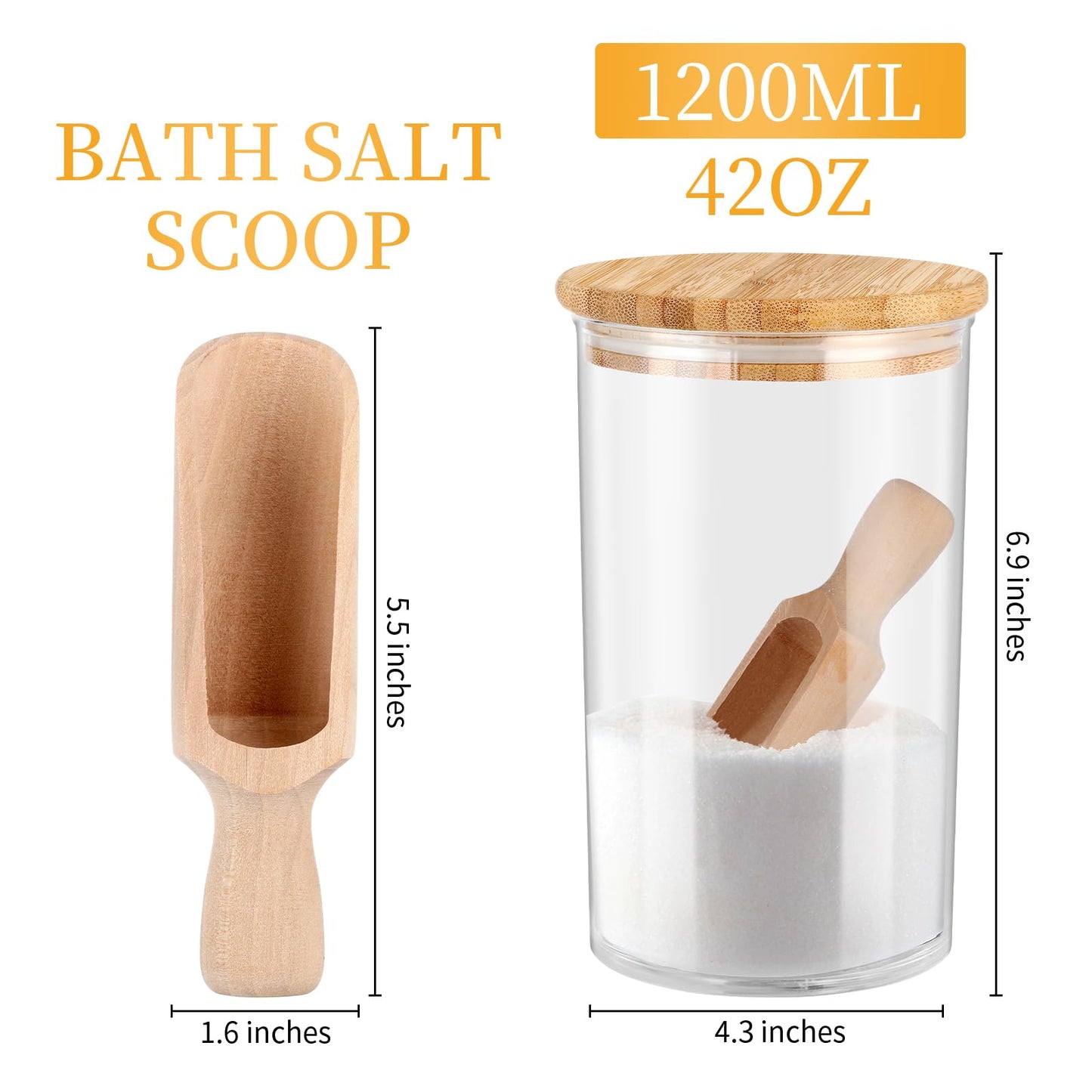 42oz Acrylic Bath Salt Jar with Wooden Scoop Flour Containers with Lids Airtight Epsome Salt Bath for Bathroom Kitchen（Hold 42 Ounces of Bath Salt）