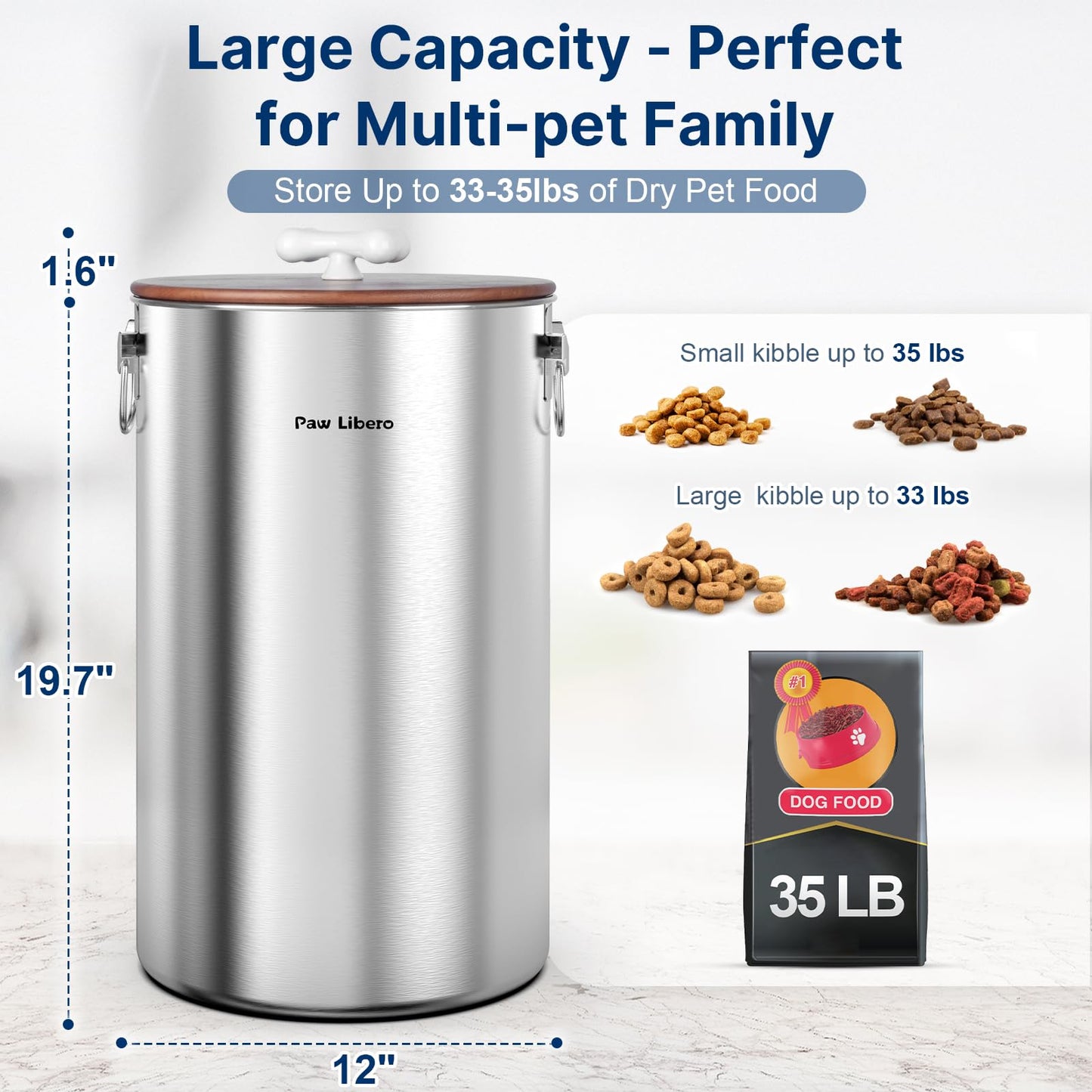 Paw Libero 2PK 35 Lbs total 70Lbs Stainless Steel Dog Food Storage Container with Airtight Wooden Lid & Ceramic Bone Handle, Large Metal Dog Food Bin for Dogs & Cats, Keep Fresh, Easy to Clean