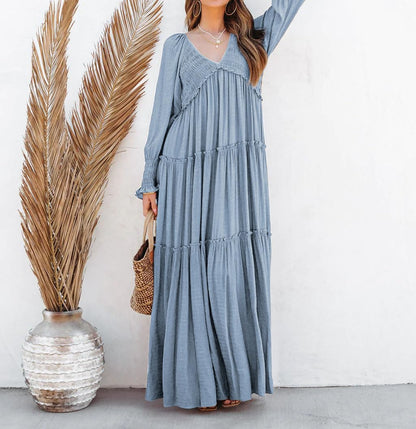 R.Vivimos Maxi Dress for Women Long Sleeve V Neck Empire Waist Layered Ruffle Boho Casual Flowy Long Dresses