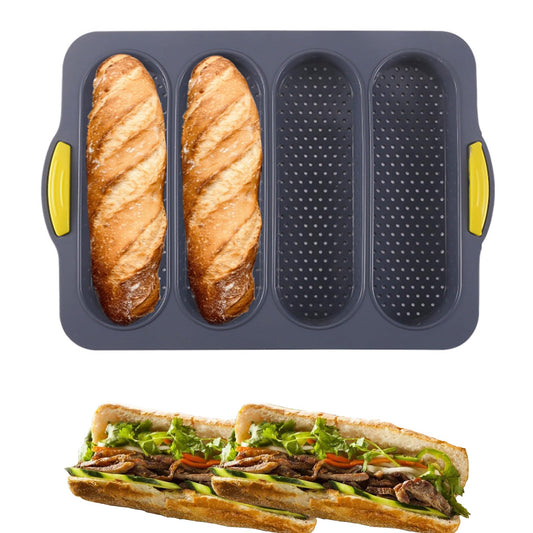 atrccs 4-cavity Silicone Bread Loaf Pan, Nonstick Sourdough Loaf Pan & Heat Resistant Baguette Bread Pan, Bread Pans for Homemade Bread, Silicone Molds for Baking Hoagie Rolls, Hot Dog Buns