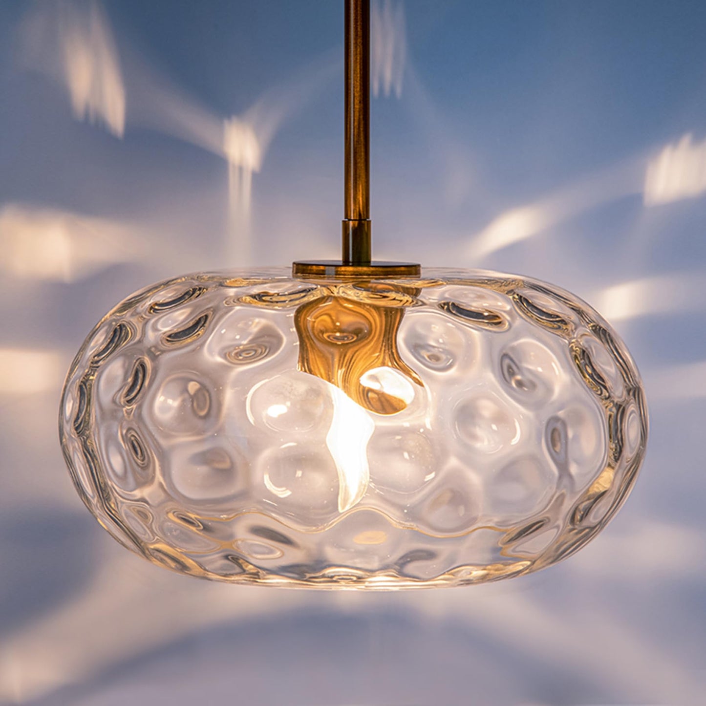 PrismGlowLume Hammered Glass Rod Pendant Light, Modern Gold Chandelier Lighting Fixture Mid-Century Brushed Brass Hanging Ceiling Lamp for Kitchen Island Dining Living, Bathroom, Hallway (Clear, 11")