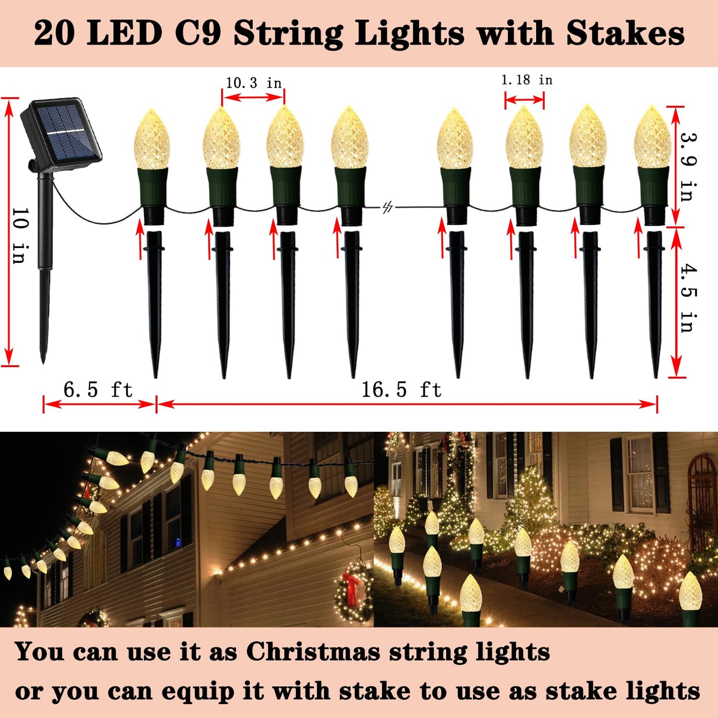 Huacenmy Solar Christmas Pathway Lights Outdoor, 20 LED C9 With 20 Stakes, 23FT Decorations Strawberry String for Roof Yard Patio Walkway Driveway, Warm White
