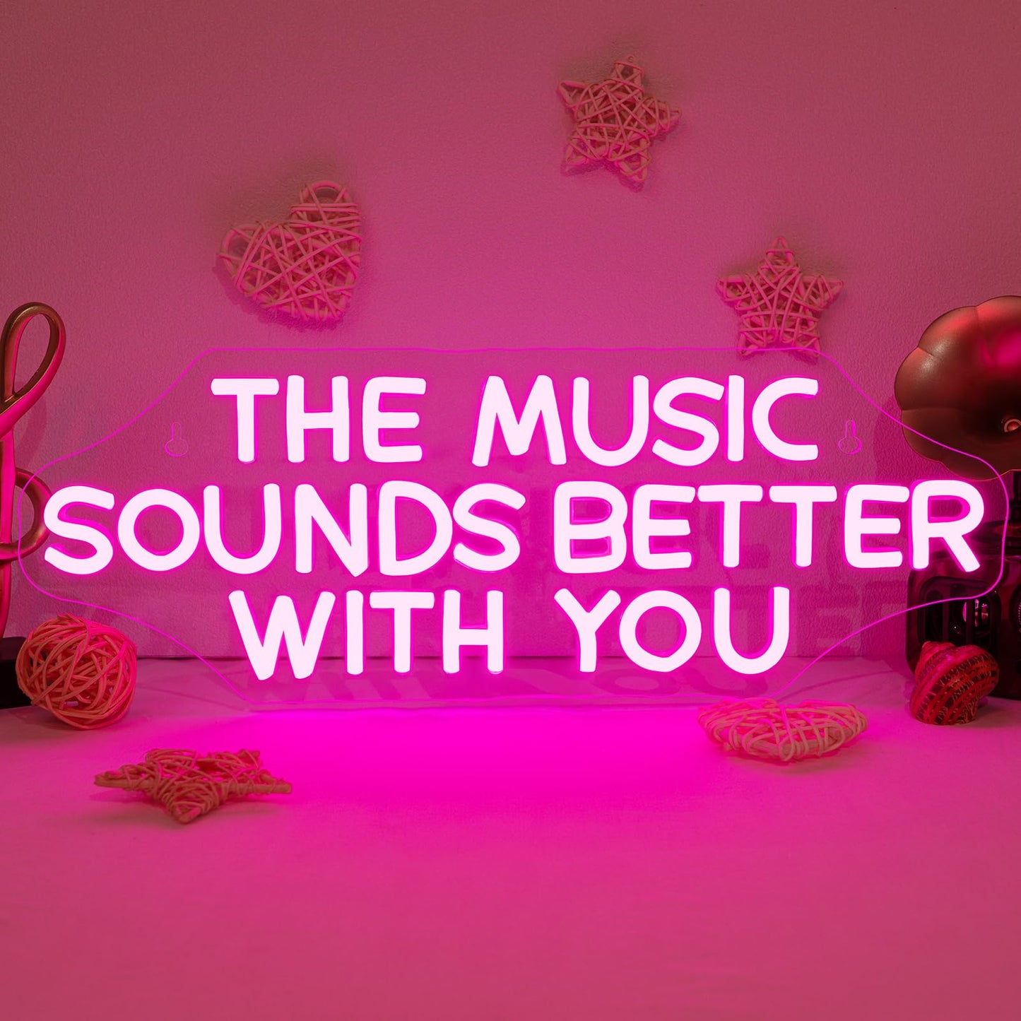 NOSUN The Music Sounds Better with You Neon Sign Romance Neon Signs for Wall Decor Led Neon Sign Aesthetic Room Decor for Teen Girls Neon Lights Signs for Bedroom Salon Party Pink Light