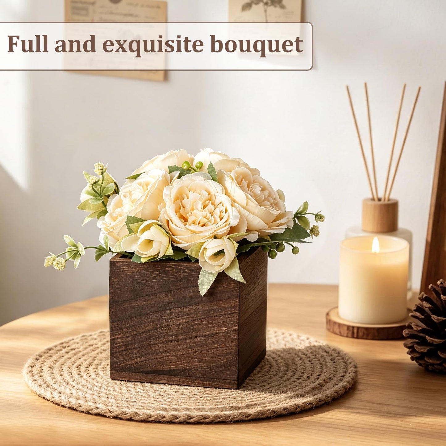 Dahey Small Flower Centerpieces for Tables Set of 3 Artificial Flowers with Wooden Vase Farmhouse Table Decor for Dinning Living Room Kitchen Wedding Party Office Home Decoration