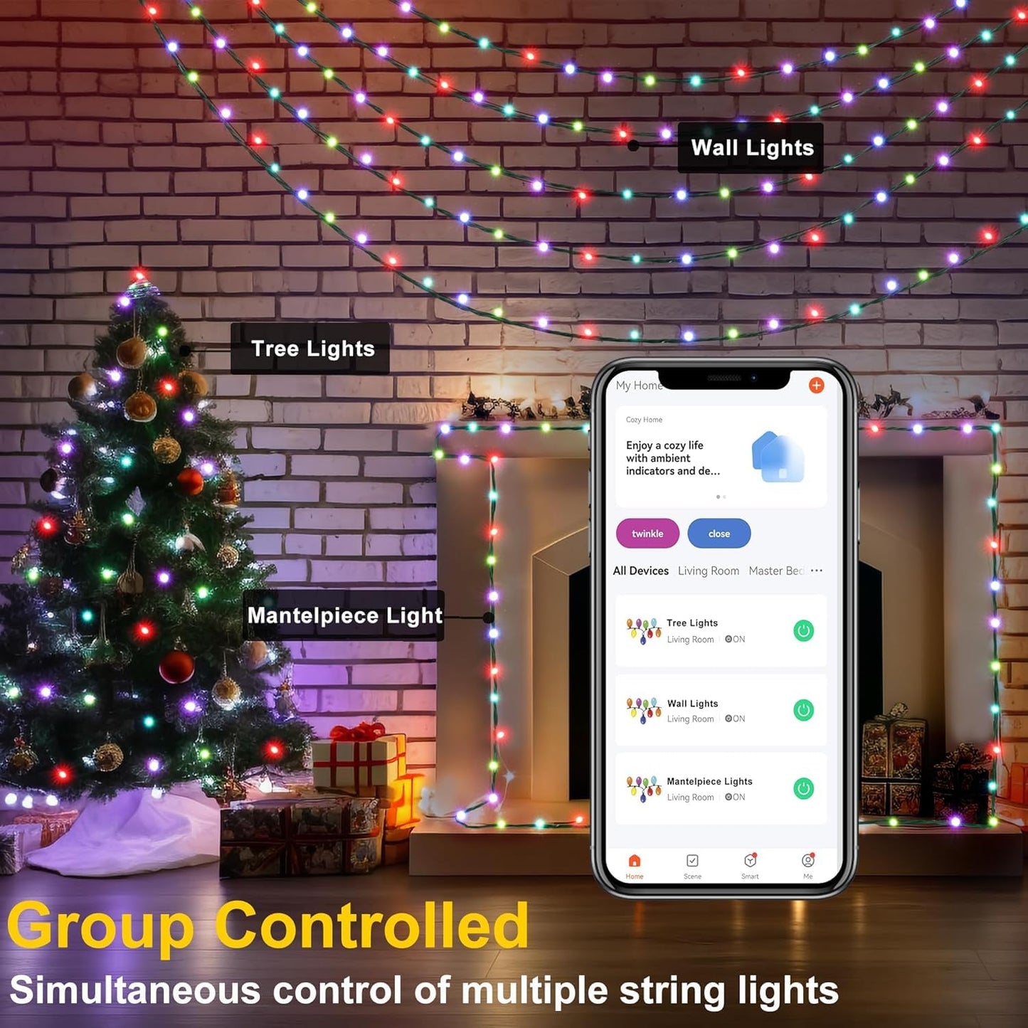 PMS Smart WiFi LED Christmas Lights, APP-Controlled RGB Fairy String Lights, Ideal for Xmas Tree, Garden, Home, Party, Halloween Festival Deco (66ft-200LED)