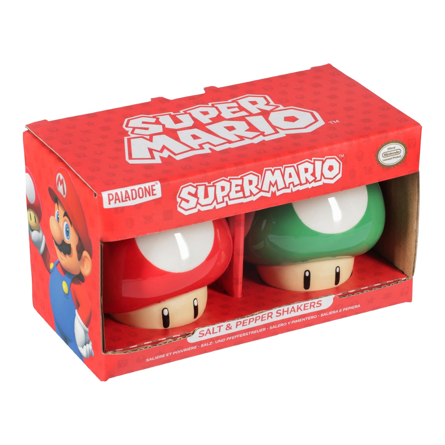 Super Mario Brothers Mushroom Salt and Pepper Shakers Officially Licensed Nintendo Red & Green 1-Up Ceramic Set for Kitchen & Home Decor, Housewarming Gift for Movie and Gaming Fans | Paladone