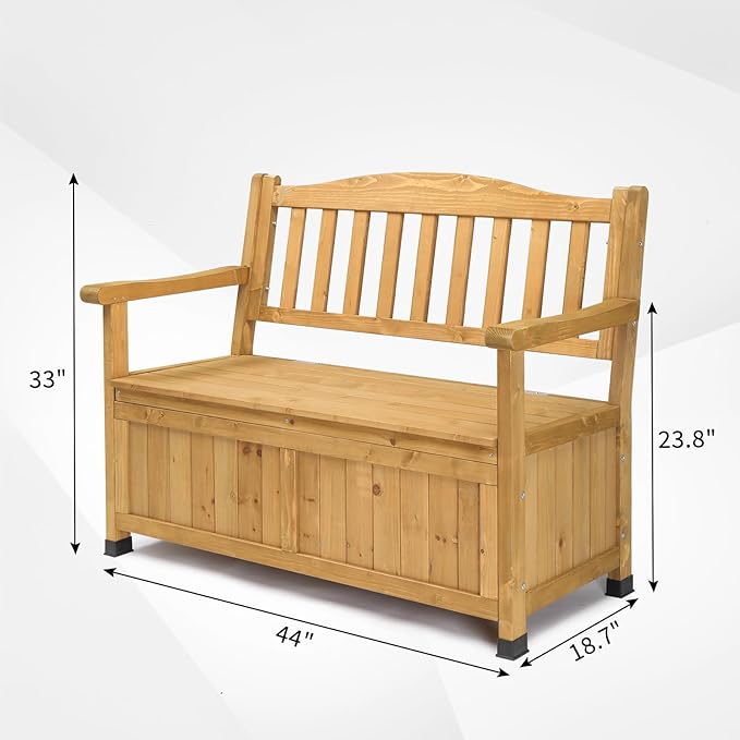 Outvita Outdoor Wood Storage Bench, Wooden Large Deck Box with Seating & Armrest, Waterproof Patio Organizer Loveseat for Garden Porch Deck Backyard Poolside(Yellow)