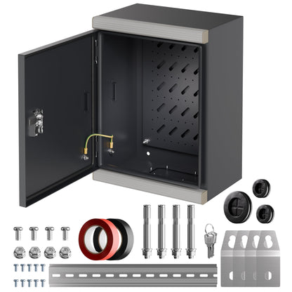 Joinfworld Outdoor Electrical Metal Box 15.7" x 11.8" x 7.8" Weatherproof Outdoor Junction NEMA Enclosure Box with Lock Din Rail Cable Gland