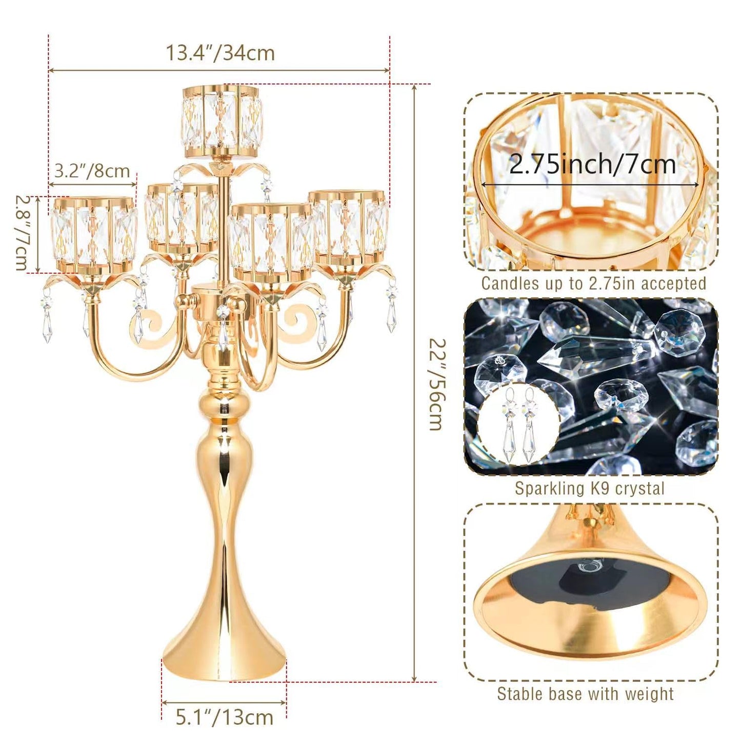 Kehail Gold 5 Arm Pendant Square Crystal Table Decor 22 inch Candle Holder, Classic and Elegant Table Centerpiece Atmosphere Candle Holders for Gift Wedding Party Home Decor