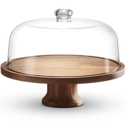 Godinger Footed Cake Plate, Acacia Wood and Shaterproof Acrylic Lid, Cake Stand with Dome