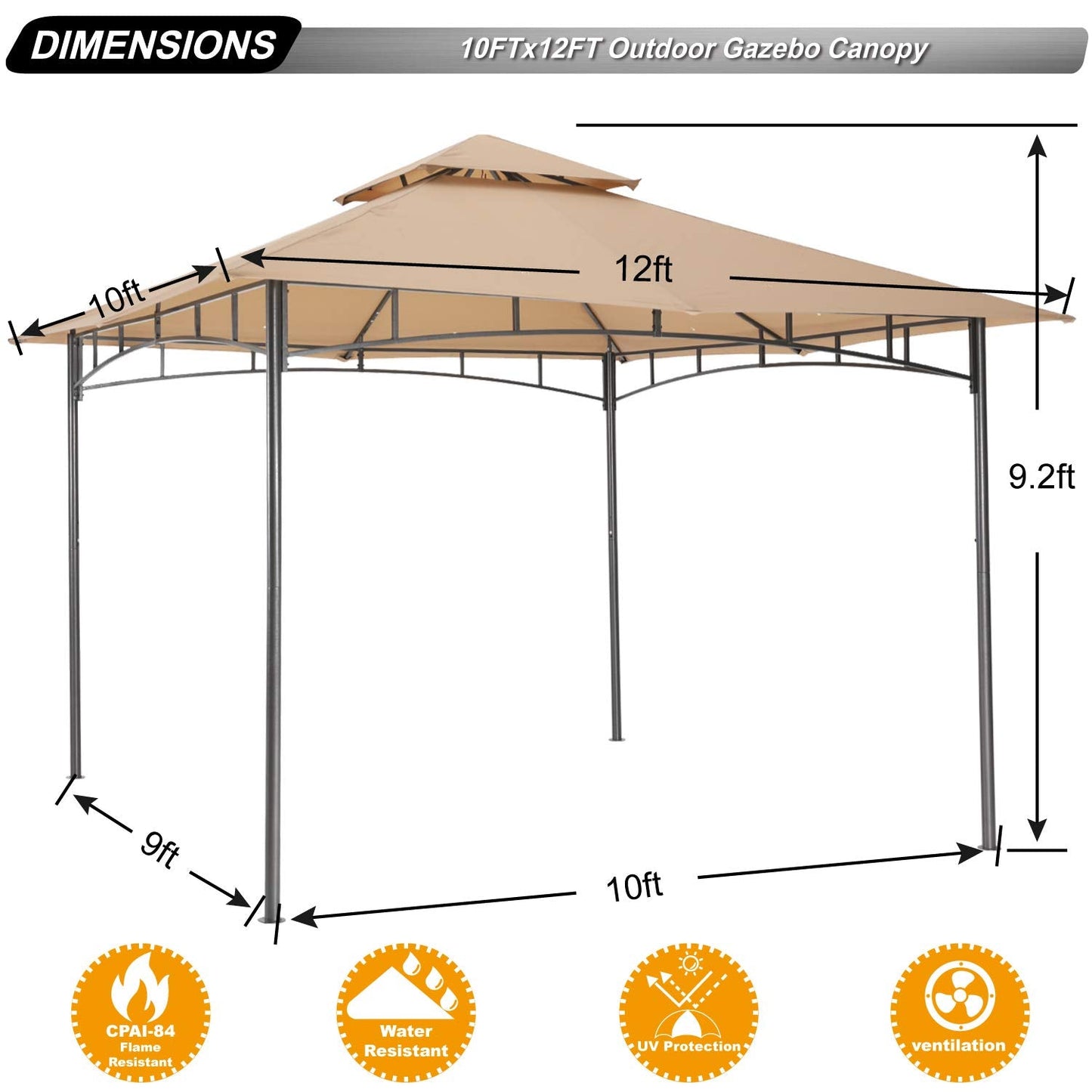 ABCCANOPY Gazebos for Patios 10x12 - Outdoor Steel Frame Gazebo for Lawn Backyard Garden Deck (Beige)