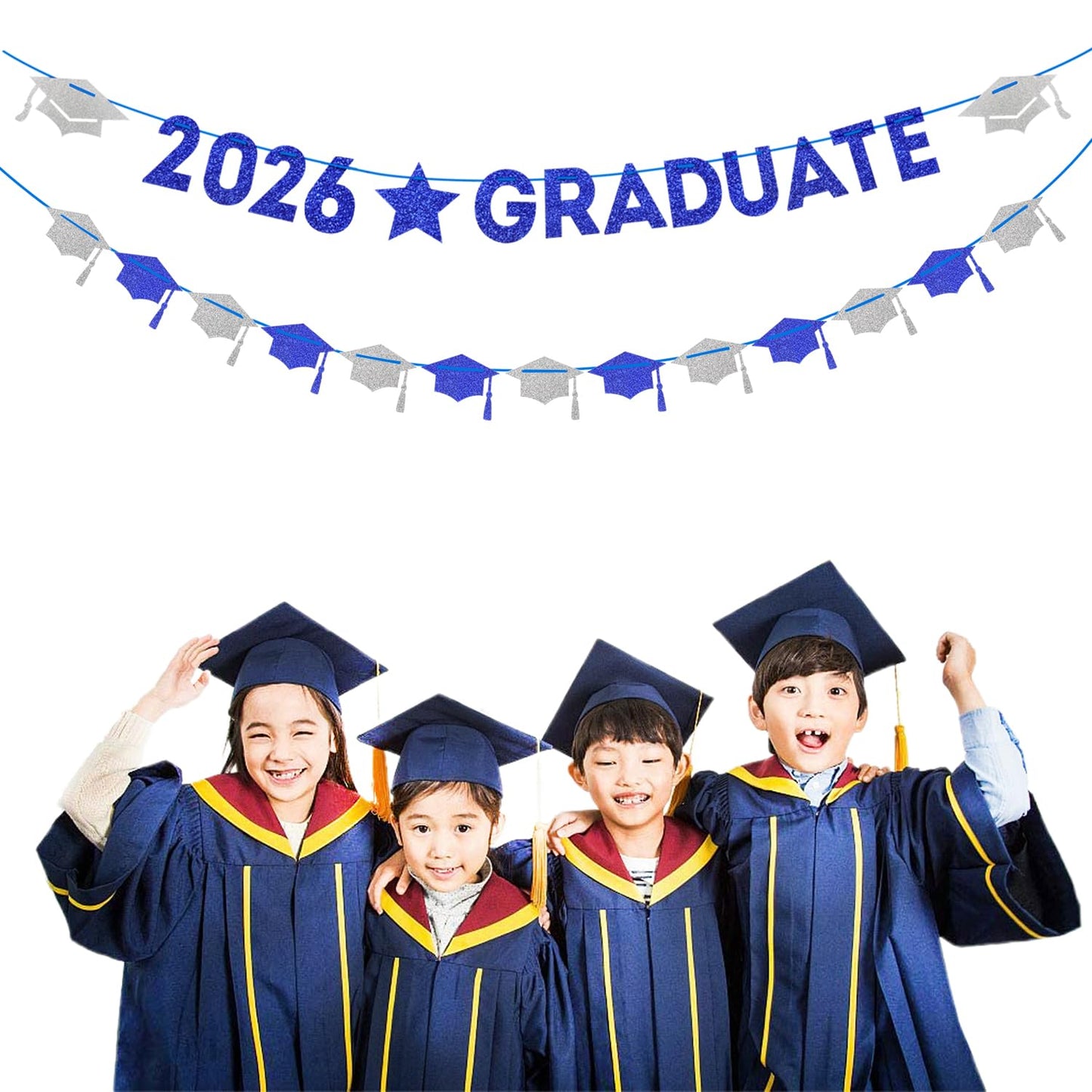Navy-Blue White-Silver Party-Decoration Graduation Banner - 8pcs Kits Cap Garland Streamers, Paper Tissue Pom Poms Flowers, 2026 Craduate Banner Congratulations Grad Decor Lasting Surprise