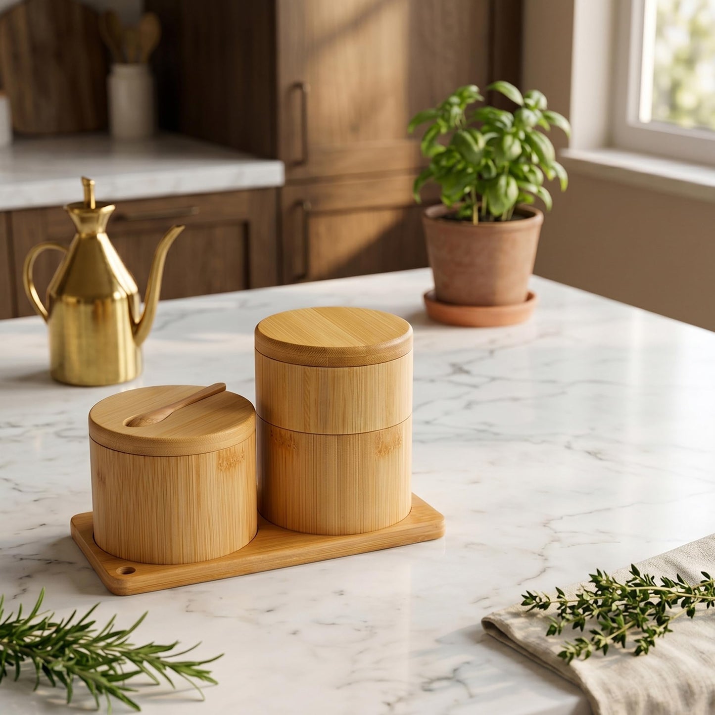 Bamboo Salt Cellar Set with Tray, Single & Double-Tier Salt and Pepper Cellar with Spoon & Magnetic Swivel Lid, 16 Labels, Spice Containers for Salt, Sugar, Pepper, Spices, Kitchen Organizer 9OZ Each
