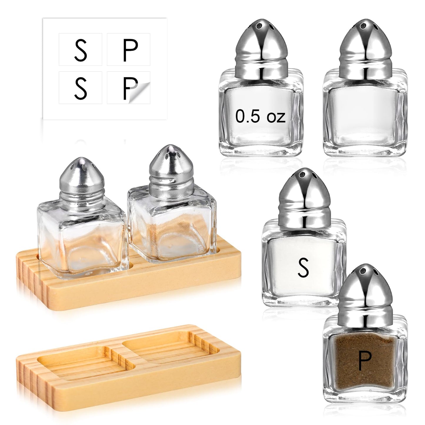 4 Pcs Mini Salt and Pepper Shakers Set with 2 Wood Organizer Tray Sticker 0.5 oz Small Glass Salt and Pepper Shakers Bulk Tiny Individual Salt and Pepper Shakers Cube Spice Jars for Travel Party