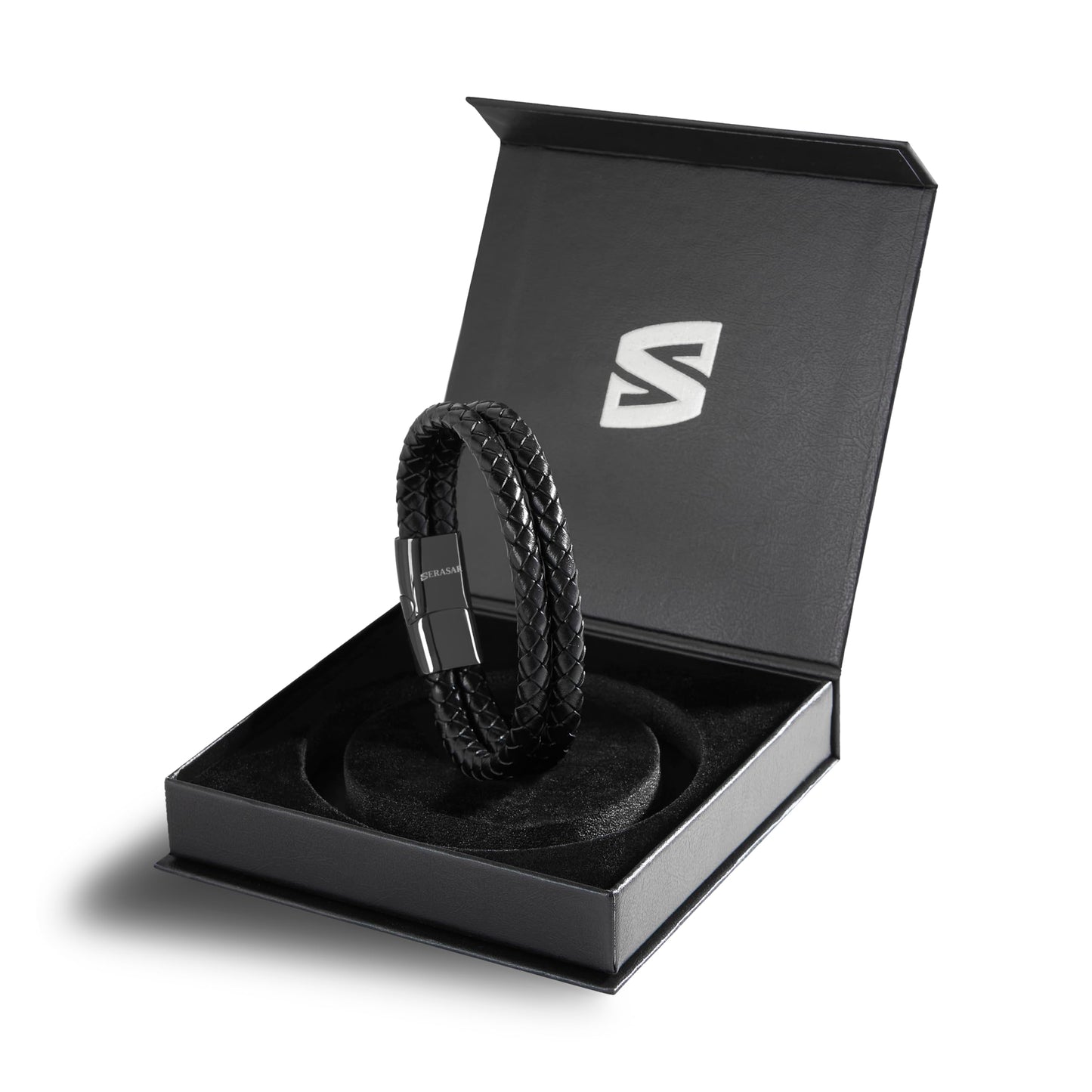 SERASAR 8″ Black Leather Bracelets for Men Mens Cowhide Gift Box Braided Bracelet Stainless Steel Jewelry Wrist Band Cuff Wrap Rope Bangle Dad Man Pulseras para Hombres Cuero Regalo