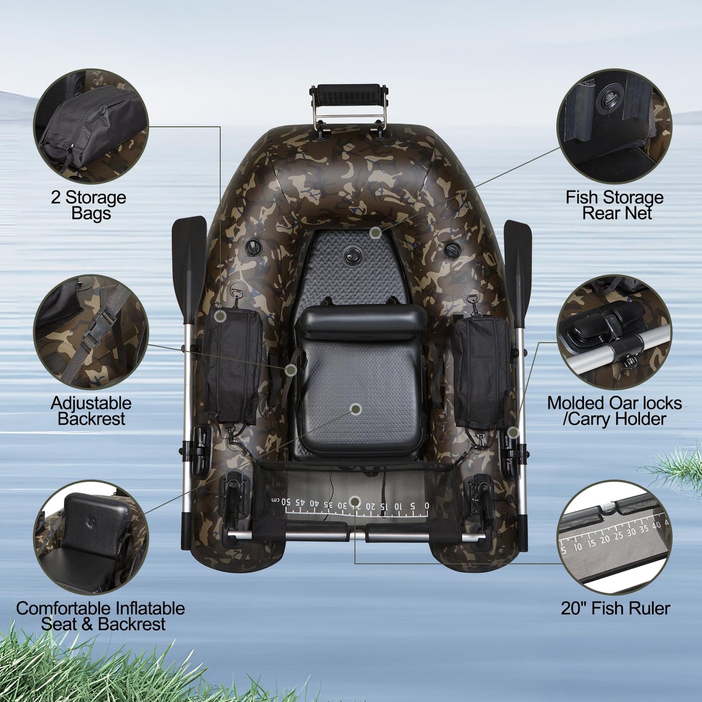 UNITACKCLE Inflatable Fishing Float Tube, Belly Boat Fishing with Storage Bags, Adjustable Straps, Pump, Fish Ruler, 2 Paddle, 2 Rod Holders, Motor Bracket Float Tube for 330 LBS Load Capacity