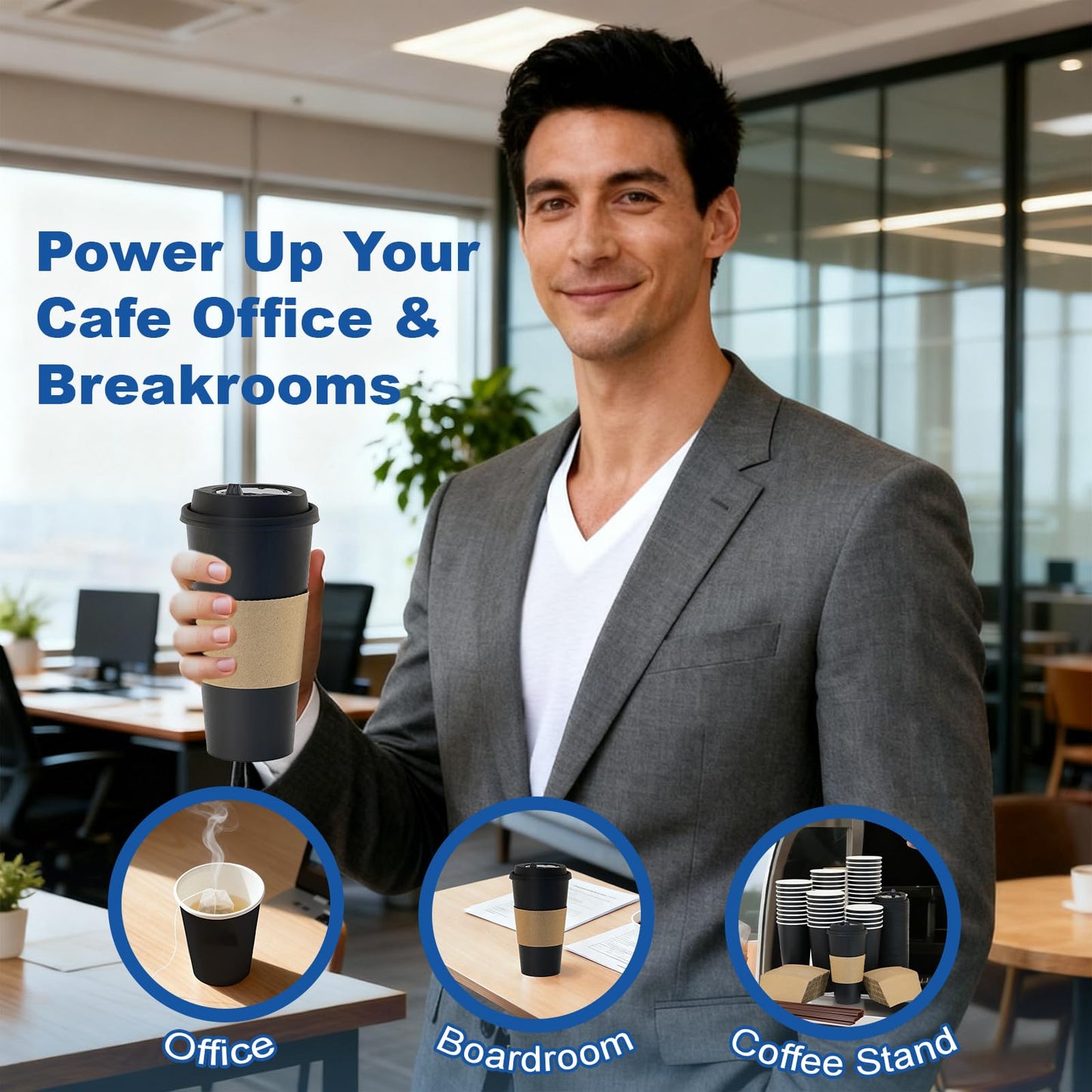 Coolcap 20 oz 500 Pack Coffee Cups with Lids and Sleeves, Straws, Hot Disposable To Go Travel Paper Cups Bulk for Office, Home Coffee Bar Accessories, Chocolate, Cocoa, Beverage (Black)