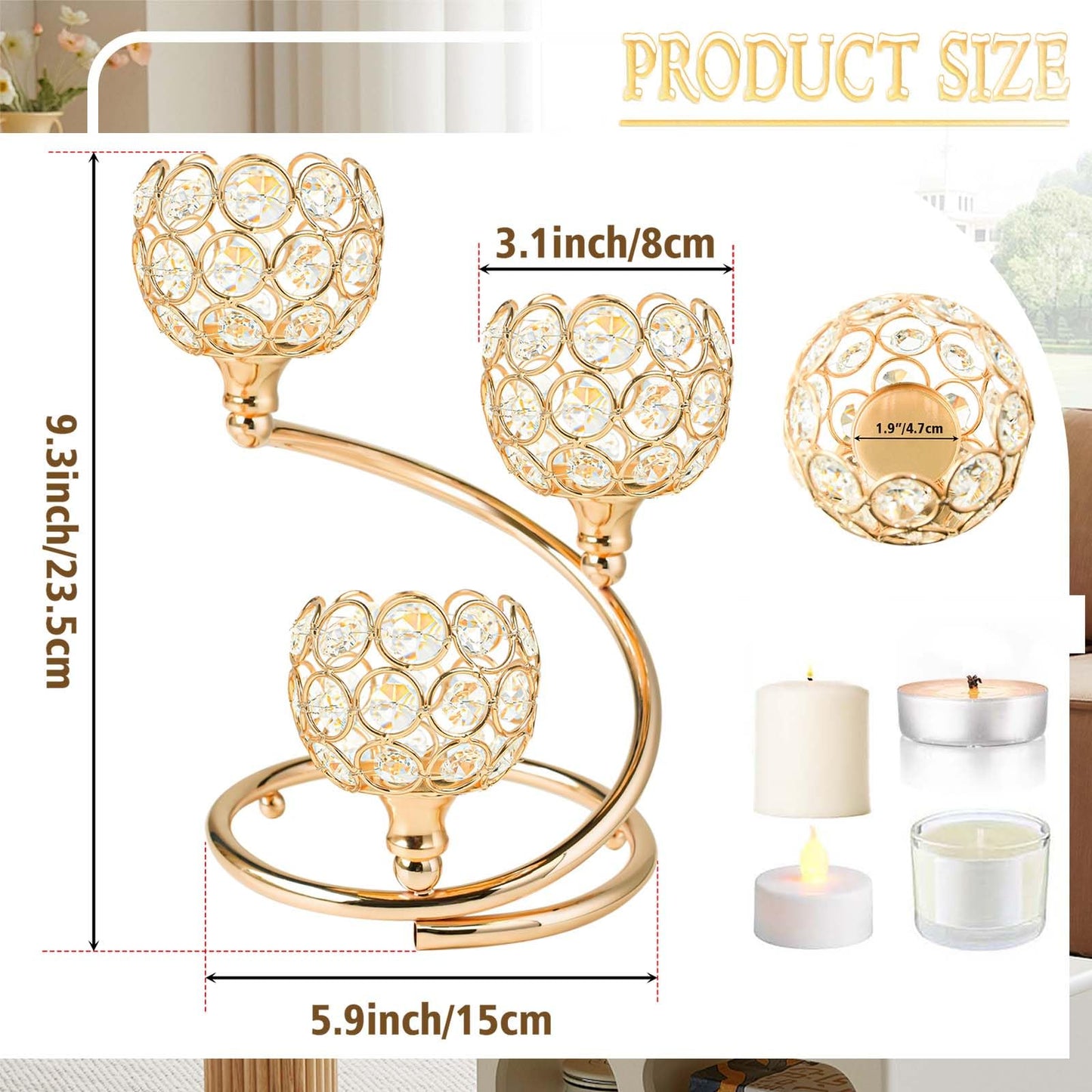 KEHAIL Metal Crystal Candle Holder Set of 2 - Elegant 3-Arm Metal Tea Light Centerpiece with Shining Crystal Bowl, Wedding Anniversary Table Decor for Dining, Party (Gold, 2 Pcs 3 Arm)