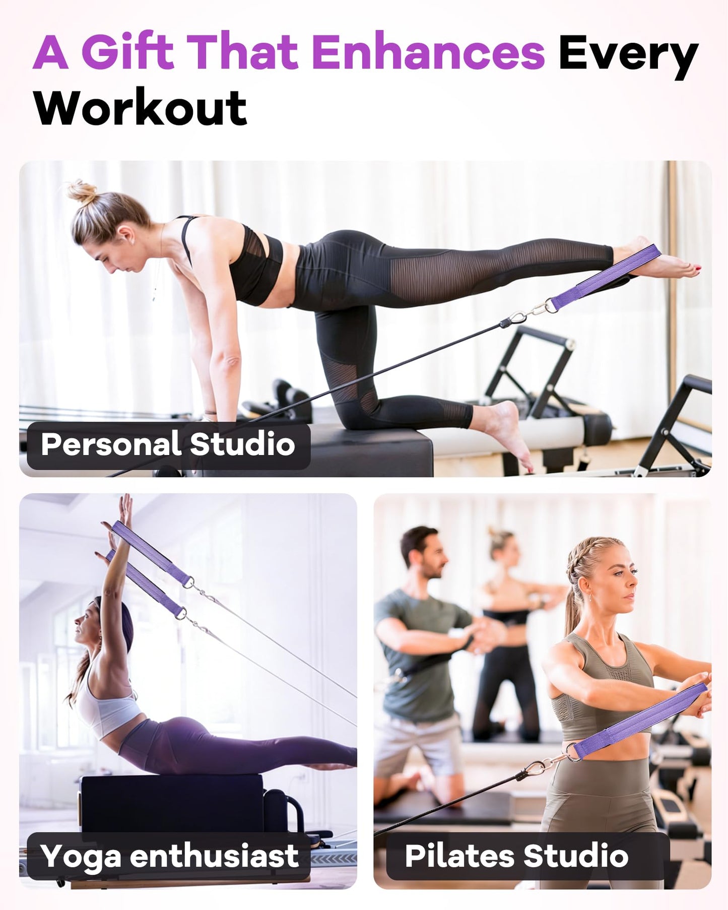 Wonderful Day 2PCS Pilates Straps for Reformer, Comfortable Enhanced Thickness, Fitness D-Ring Double Loop Exercise Straps for Home Gym Workout (Purple)