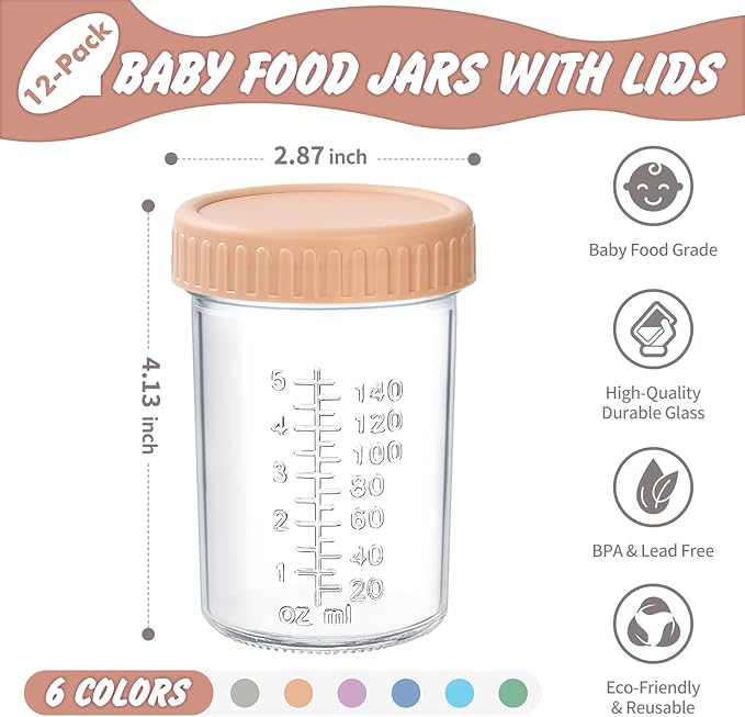 DRKIO 12 Pack Glass Baby Food Storage Containers - 8 Oz Baby Food Jars