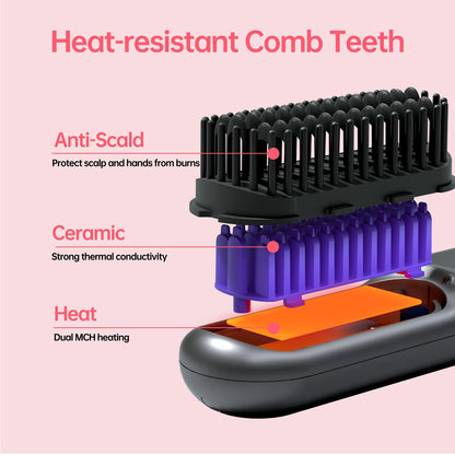Cordless Hair Straightener Brush-Portable Straightening Comb, 9600mAh Batt, Plasma Tech, 9 Temp-Settings & LED Display, for Travel & Home(Pink)