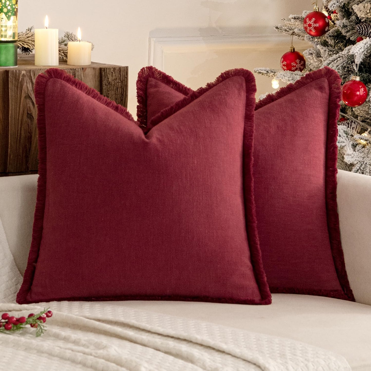 MIULEE Christmas Decorative Throw Pillow Covers Neutral Linen Fringe Fall Throw Pillows Set of 2 Natural Beige Boho Farmhouse Cushion Covers with Tassels for Couch Sofa Bed Home Decor 20x20 Inch