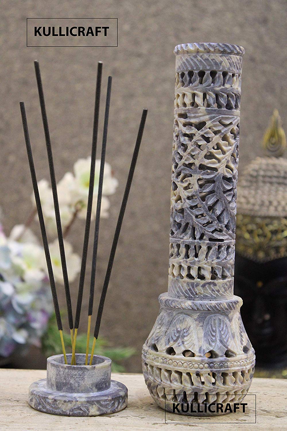 Marble Handmade Soapstone Incense Stick Holder and Scraping & Smudging Bowl for Gift. Decorative Home and Office Decor