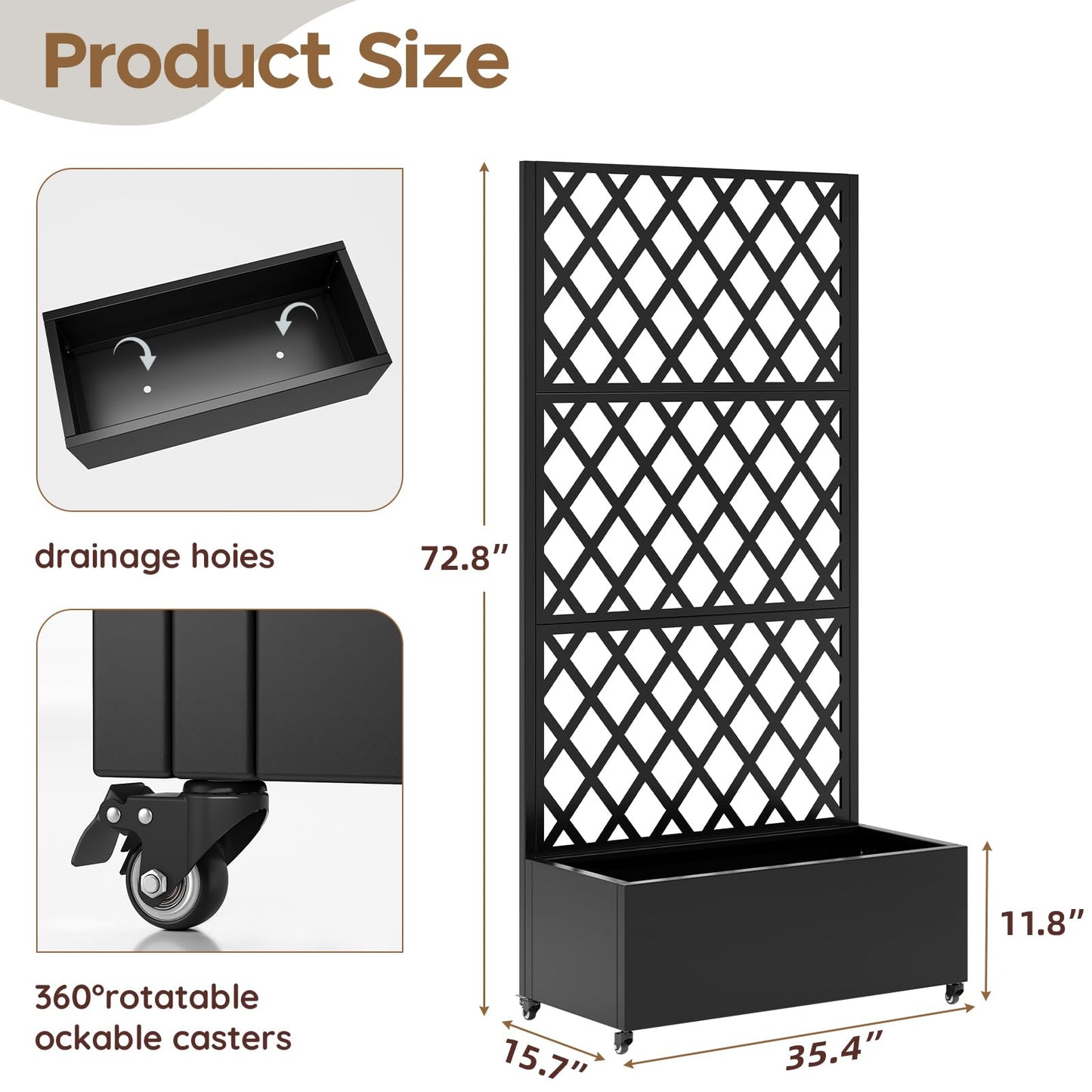 Metal Planter Box with Trellis,72"x35"x15",Galvanized Raised Garden Bed Trellis Outdoor Planter with Privacy Screen & Wheels and Drainage Holes,for Patio Climbing Vegetables,Flowers,Vines,Black
