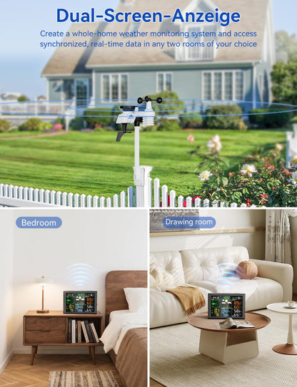 AIRAIN TECH 10-in-1 Wireless Weather Station with Dual Display, Outdoor Sensor, Rain Gauge, Atomic Clock, Wind Speed, Indoor Temp/Humidity, Barometric Pressure,etc (No WiFi)
