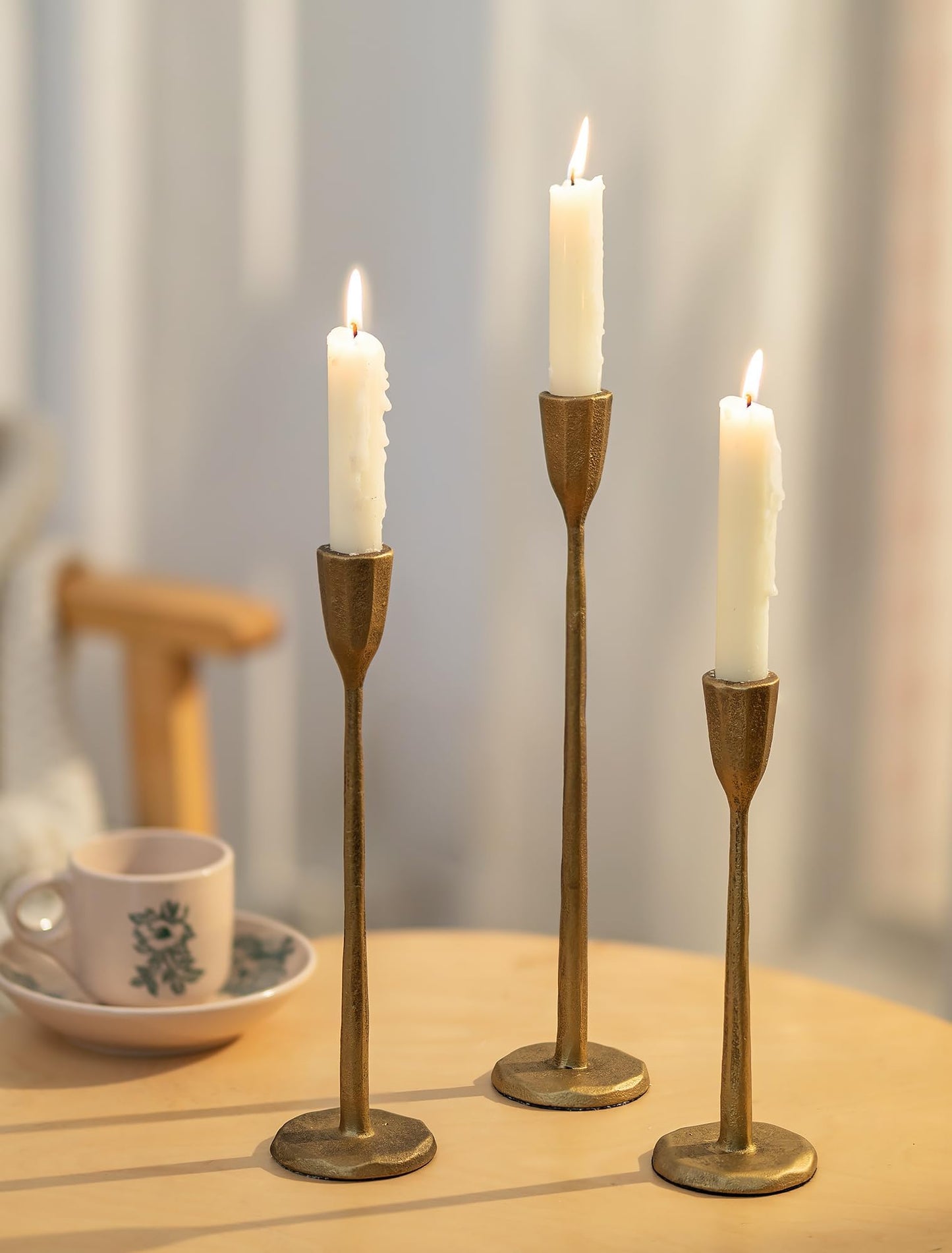 Romadedi Gold Candlestick Candle Holder - Cast Iron Taper Candle Stick Holders Brass Antique Decor Tapered for Wedding Dining Table Christmas Mantel Home Decoration Set of 3