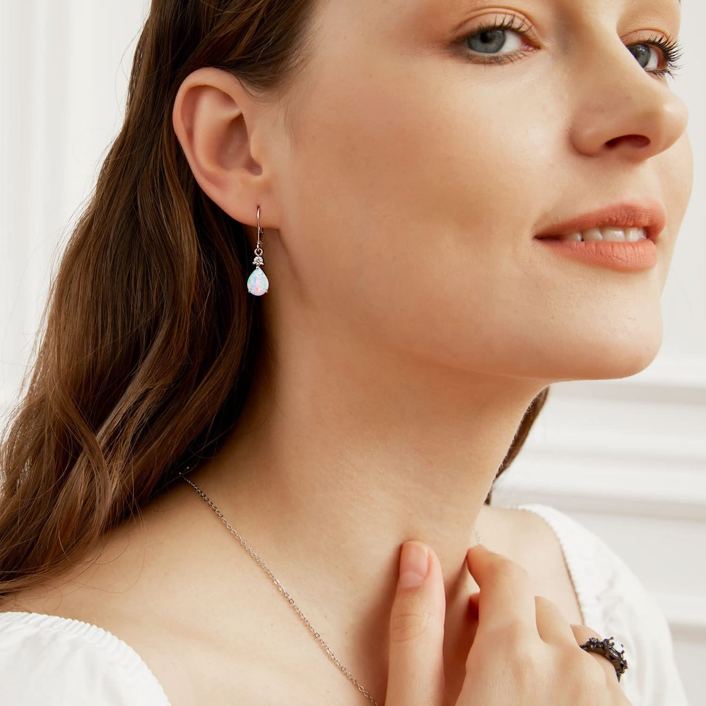 925 Sterling Silver Created White Fire Opal Birthstone Teardrop Earrings Drop Dangly Earring Leverback Hypoallergenic Jewelry for Women