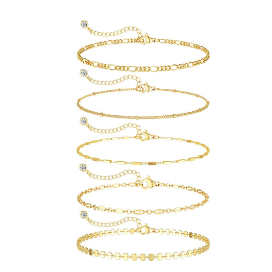 DEARMAY 14K Gold Plated Chain Bracelets for Women Gold Jewelry Set for Women Cuban Link Beaded Bracelets Figaro Paperclip Rope Herringbone Bracelet Pack Gifts