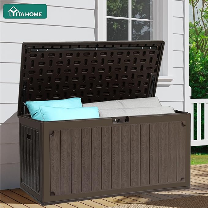 YITAHOME 90 Gallon Large Deck Box with Side Handles, Outdoor Double-Wall Storage for Patio Furniture Cushions, Garden Pool Accessories, Waterproof & Lockable