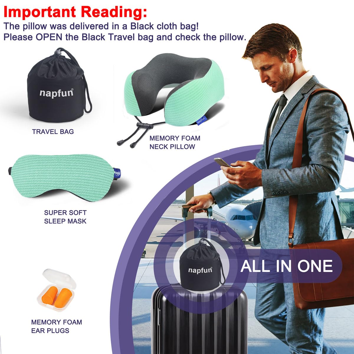 napfun Neck Pillow for Traveling, Upgraded Travel Neck Pillow for Airplane 100% Pure Memory Foam Travel Pillow for Flight Headrest Sleep, Portable Plane Accessories, Light Grey