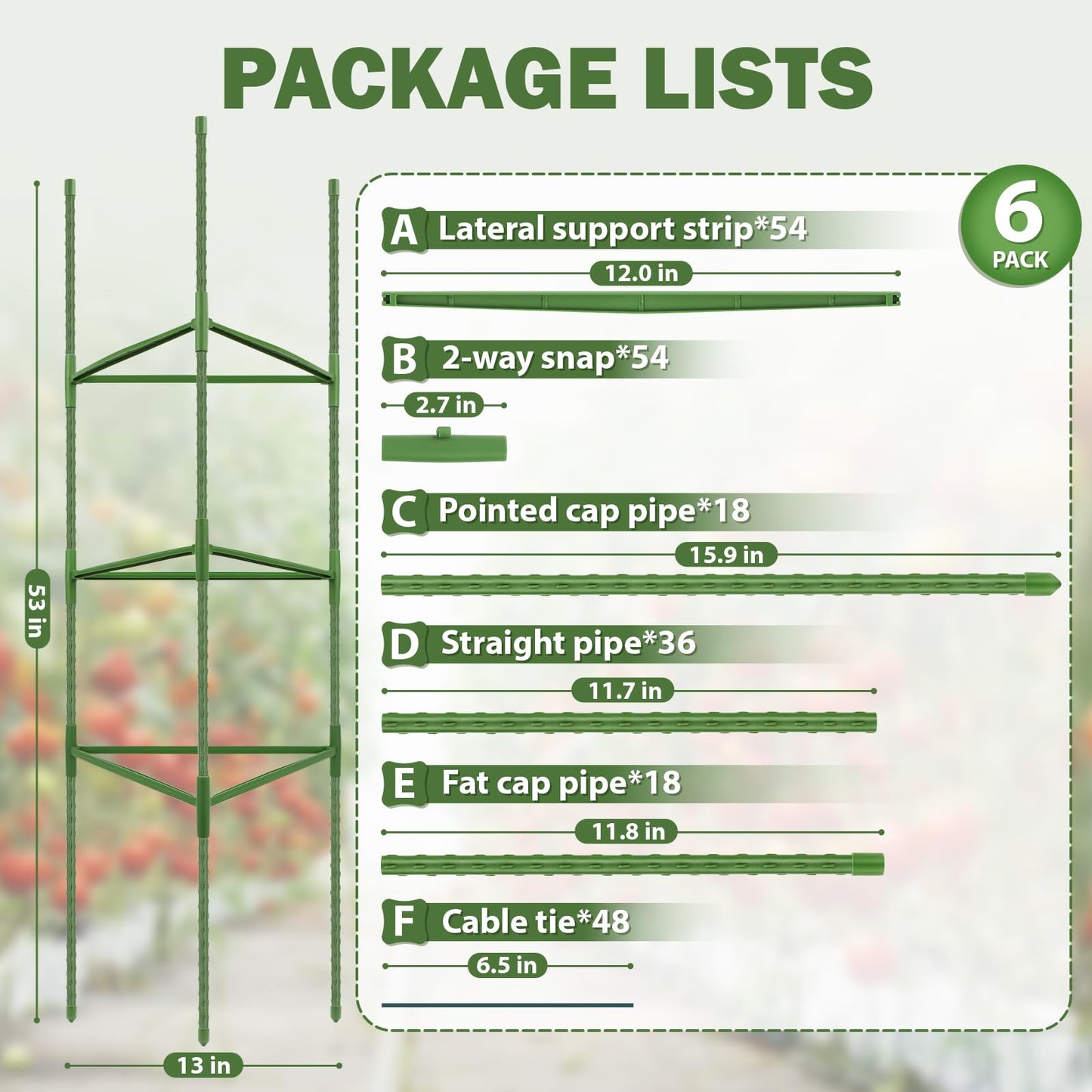 Tegarbed 6 Pack Tomato Cage for Garden Plant Supports, Up to 53 Inch Tomato Trellis for Potted Plants, Heavy-Duty Garden Plant Stakes for Climbing Vegetables Plants Cucumber Peony Flowers, Green
