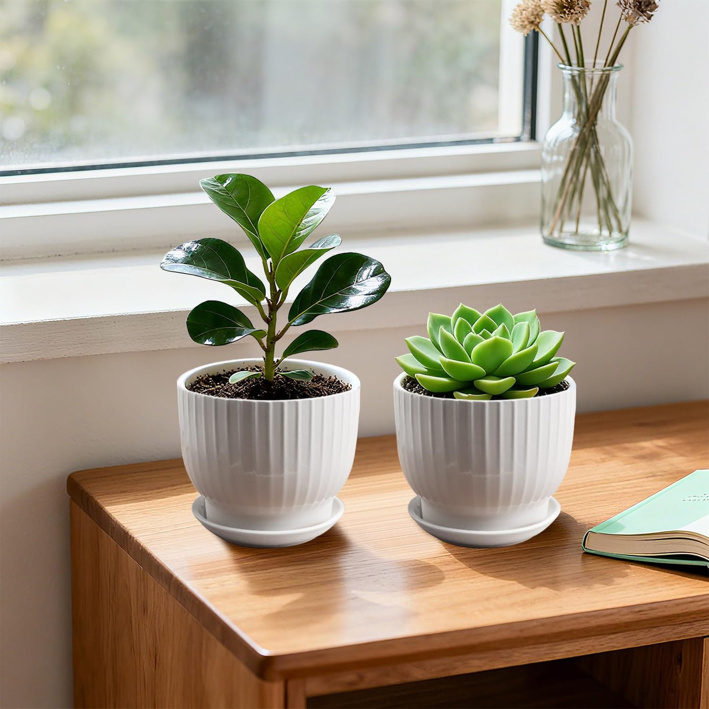 YUFDA 5.5 Inch Plant Pot, Ceramic Planter with Drainage and Saucer，Ceramic Pots for Plants, Indoor Plant pots，Succulent Orchid Flower Pot(Pure White,4 Pack)