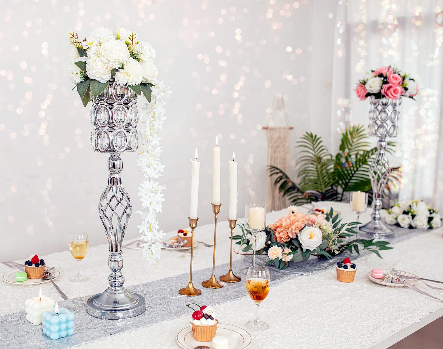 Crystal Wedding Centerpiece Vases for Tables - Set of 2 Metal Silver Vases, 24in Tall Versatile Flower Holders, Elegant Flower Stands for Centerpieces Wedding Party Reception Christmas Home Decor