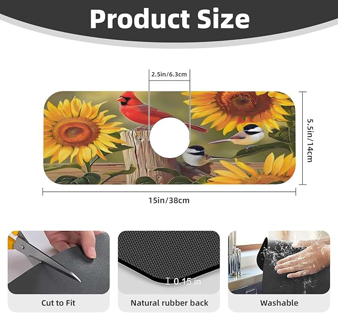 Sunflowers and songbirds Kitchen sink faucet pad, strong water absorption