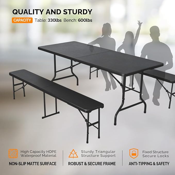 VINGLI Picnic Table Set with 2 Benches, 6 Feet Camping Table Chair Set