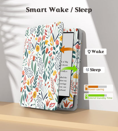 MoKo Case for 7" Kindle Paperwhite (12th/11th Gen-2024/2021) & Colorsoft Signature Edition, Slim PU Shell Cover with Auto-Wake/Sleep, Flowers