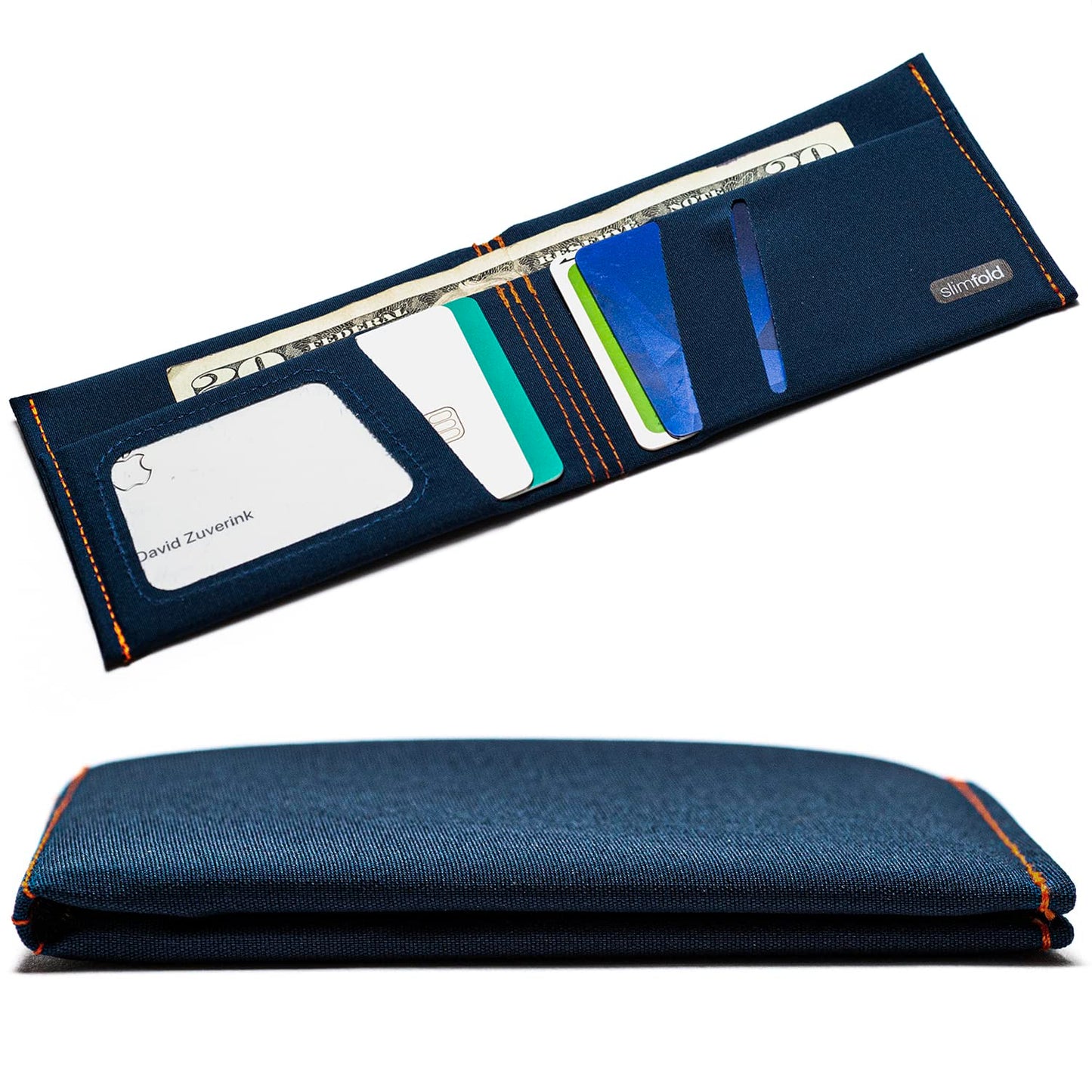 SlimFold MICRO Minimalist Front Pocket Vegan Slim Wallets for Men (RFID Blocking Navy/Orange)