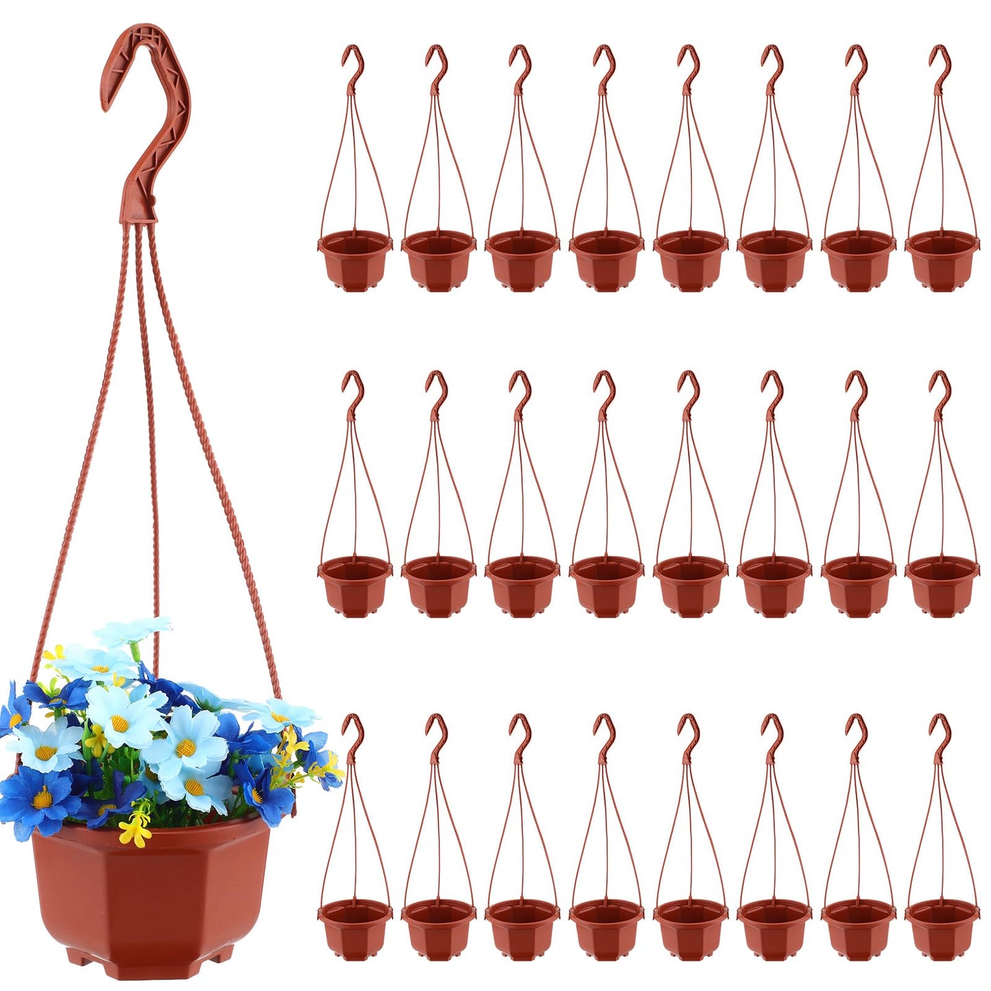 Roshtia 24 Pcs Hanging Plastic Planter Pot with Hook Flower Pots Baskets Hanging Nursery Planter Holder for Outdoor Indoor Plant Garden(Brown,5 Inch)